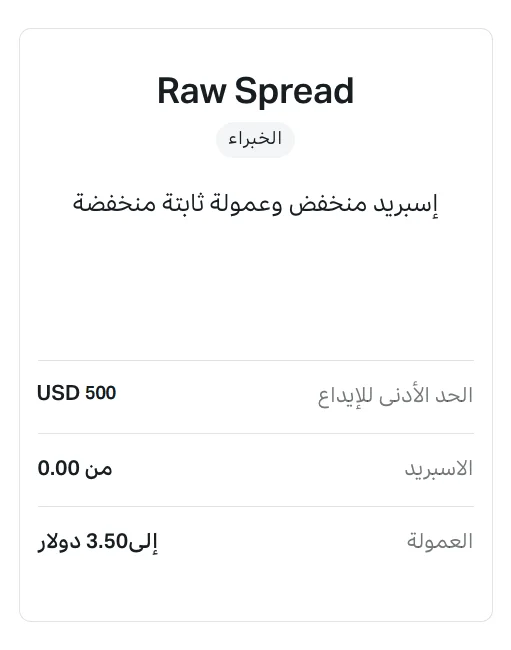 حساب Raw Spread: فروقات فائقة الانخفاض + عمولة 3.5–7 دولار